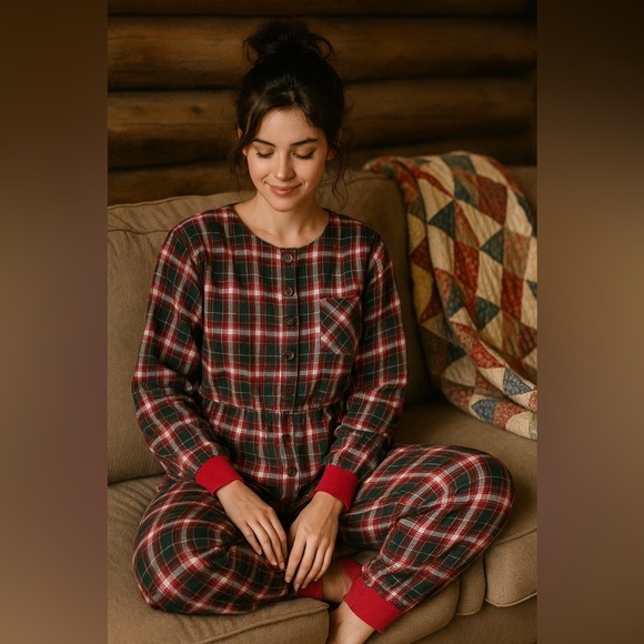 Vintage 90s Ashley Taylor Country Womens Flannel Pajama Romper Sz L Red Plaid